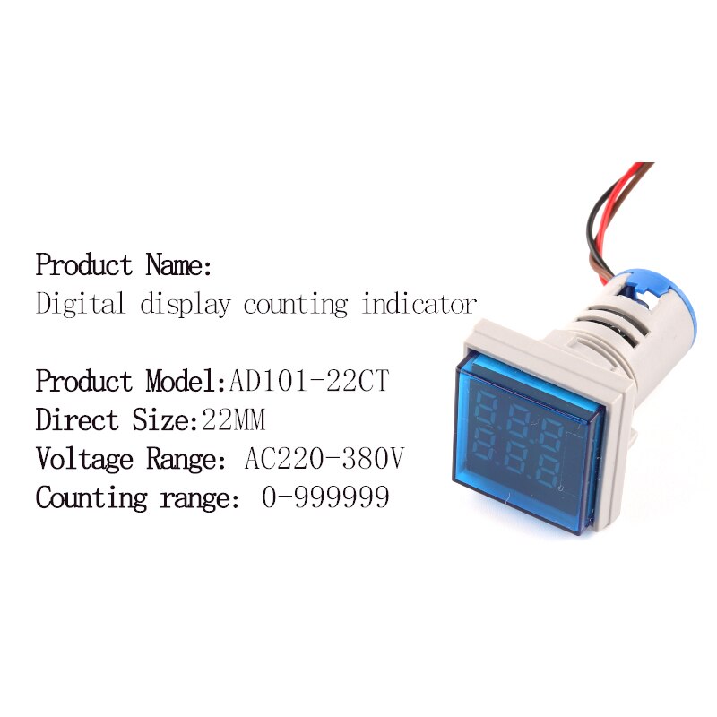 Mini compteur numérique Led rond carré 22MM 6 chiffres 0-999999 AC 220V-380V, compteur de Signal électronique: CT Square Blue