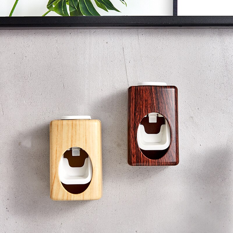 Wall Mount Wood Grain Automatic Toothpaste Squeezer Punch-free Toothbrush Rack Lazy Toothpaste Squeeze Artifact