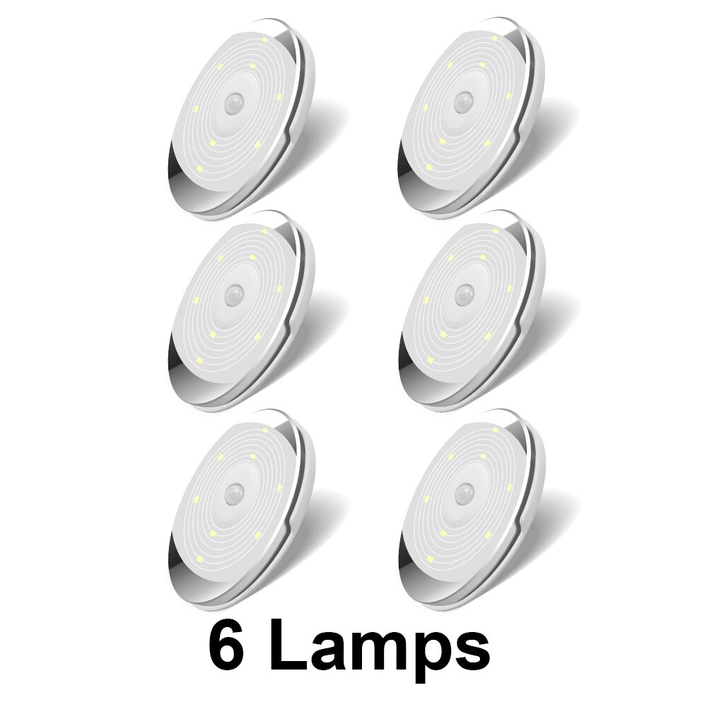 Førte natlys med klæbemærkat trådløs pir bevægelsessensor ledet batteri garderobe / skab puck lys under kabinet lys: 6 lamper