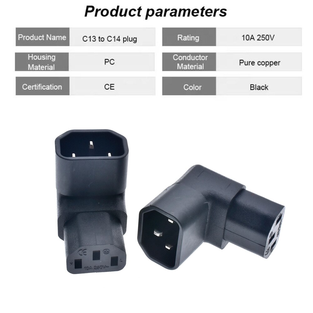 IEC 320 C14 to C13 Right Angle AC Adapter, IEC 3Pole Male to Female 90Degree Down/ Up Angle AC converter 250V 10A