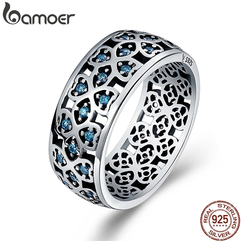 BAMOER 100% 925 Sterling Silber Blätter der Liebe Süße Kleeblatt Blau CZ Finger Ringe für Frauen Engagement Schmuck S925 SCR064