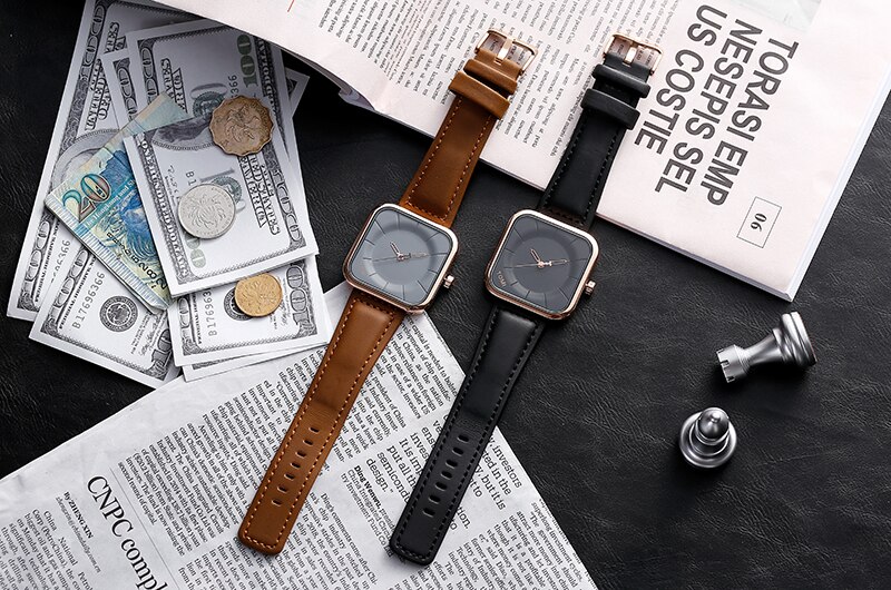 Casual Watch for Men Simple Square Dial Case Men Quartz Wrist Watches Leather Wristwatch Mens Minimalist Black Brown Clock