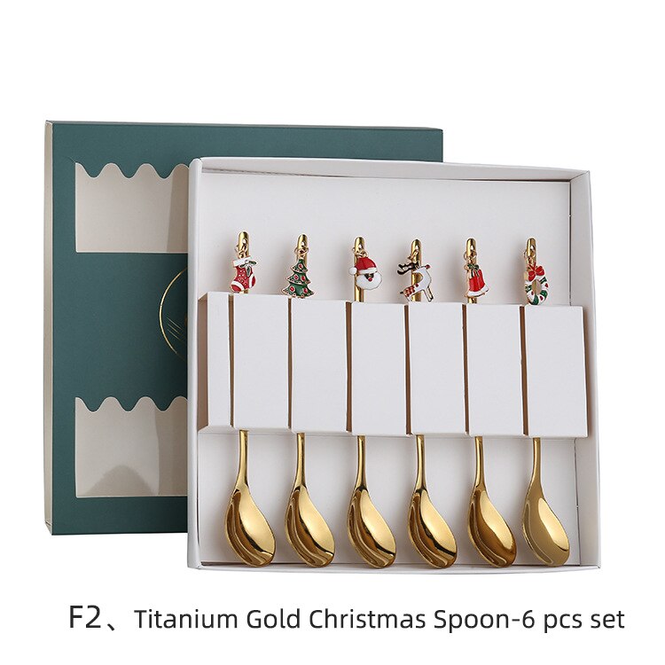 Christmas Spoon Vacuum Plating Stainless Steel Coffee Spoon Long Handle Tea Spoons Kitchen Drinking Flatware: F2