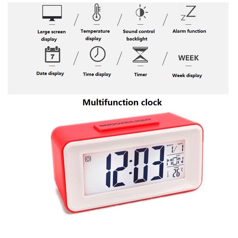 Simple Electronic Table Clock Desktop 12/24 H Sound Control Backlight Snooze Desk Digital Clocks 8 Alarm Watch Student Bedside