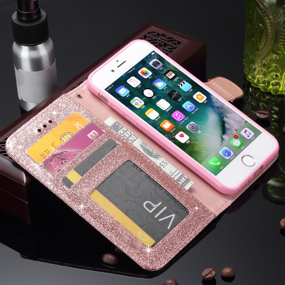 LAPOPNUT Wallet Flip PU Leather Case for Iphone 11 Pro Xs Max Xr X 7 8 Plus 6 6s 5 5s SE Bling Glitter Cover Card Holder Pockets