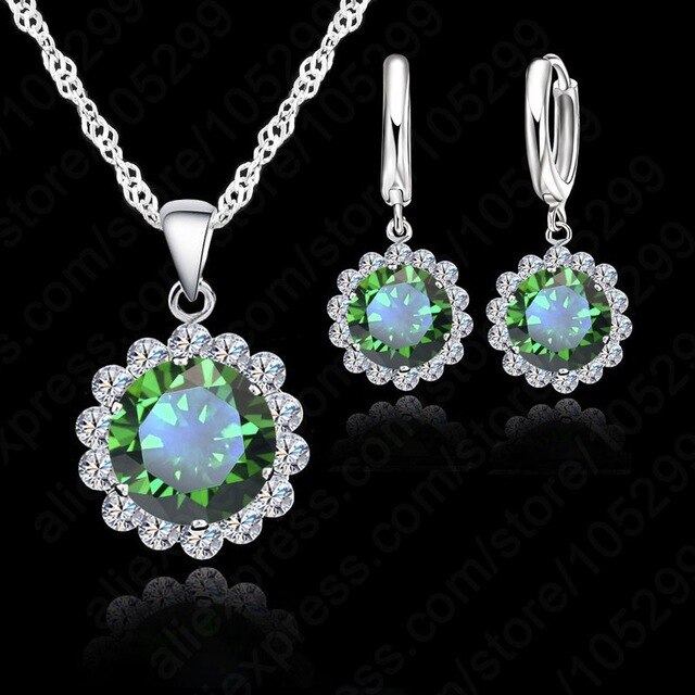 Conjunto de joias para casamento, de alta qualidade, flores solares, prata esterlina 925, zircônio cúbico, conjunto de pingente, colar, brincos, moda feminina: green