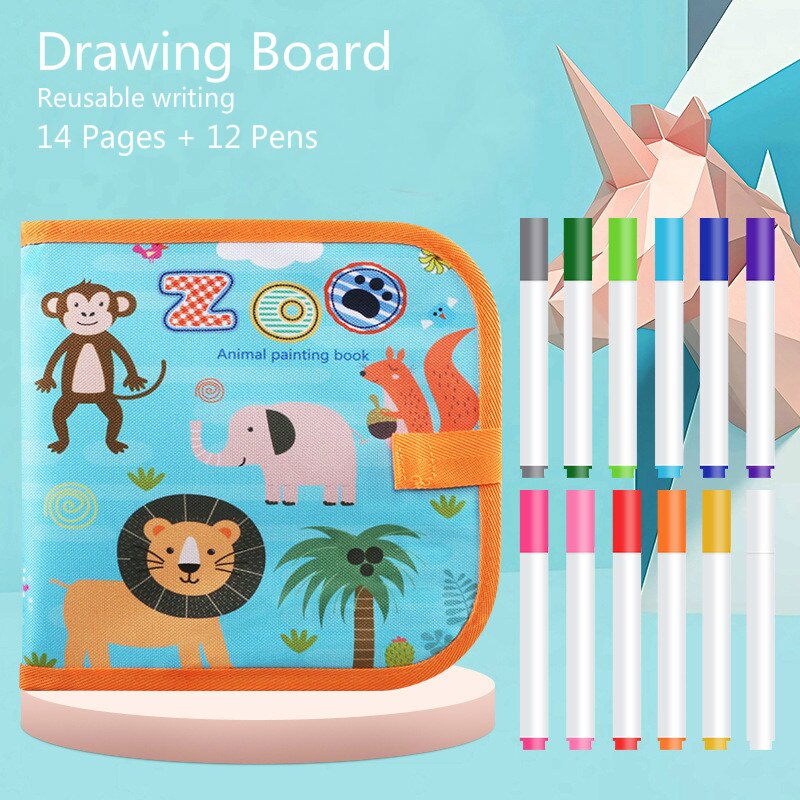 Baby Speelgoed Tekening Speelgoed Tekentafel Boek Magic Pen Schilderen Kleurboek Blackboard Schilderij Kinderen Leren Educatief Speelgoed: Zoo 14 Pages