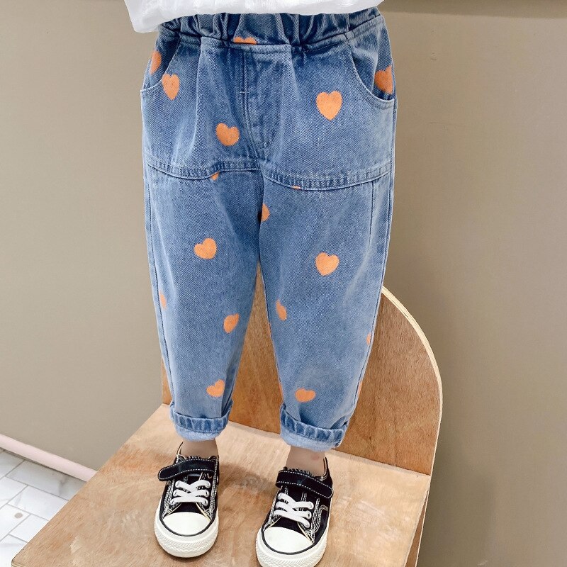 Baby piger jeans hjerte print denim bukser til piger elastisk talje børne jeans med hul efterårs nyhedstøj til  i3-8y: 082740- orange / 7t
