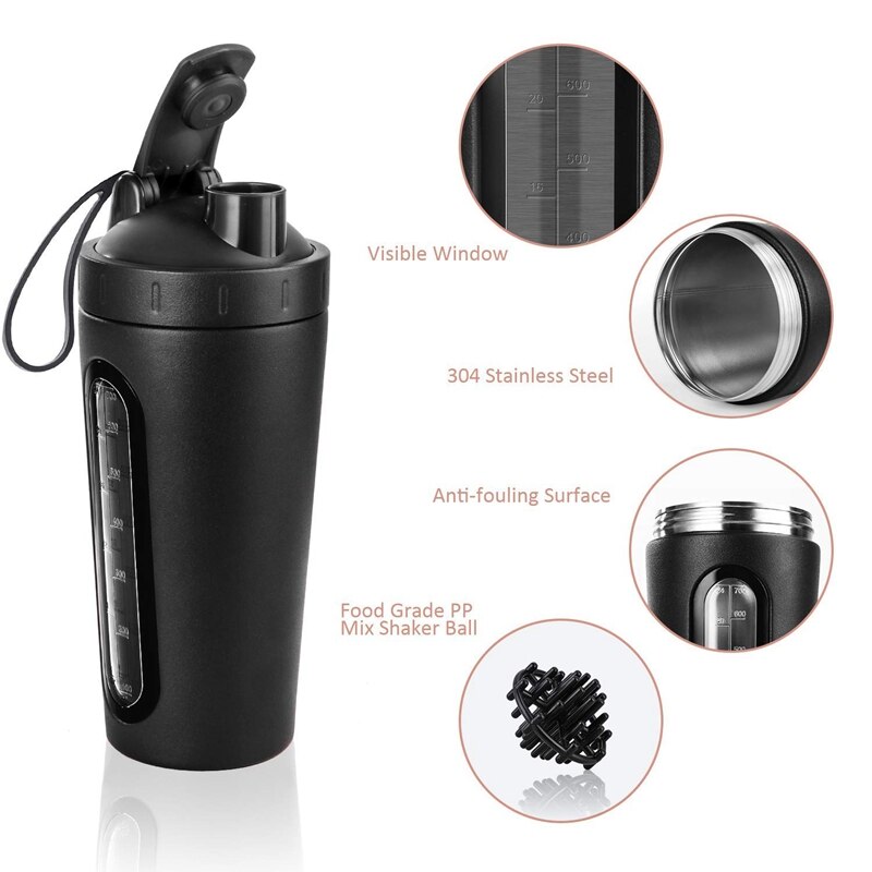 Protein shaker flaske, rustfrit stål sport vandflaske shaker cup, lækagesikker, bpa fri