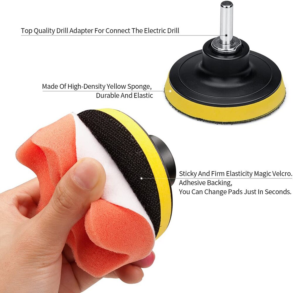 VISBELLA 7 pièces tampon de polissage de voiture 3 pouces tampons de forage en mousse de polissage Kit d'éponge avec polisseuse de voiture M10 adaptateur de forage soin de la peinture