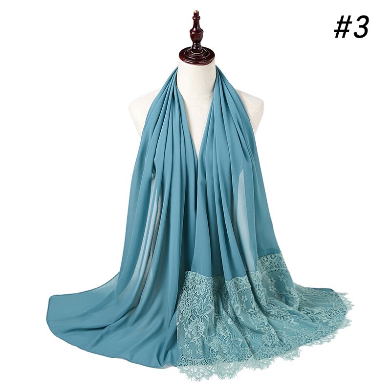Vrouw Vlakte Kant Sjaal Buble Chiffon Moslim Sjaal Moslim Effen Kleur Lady Uitlaat Luxe Foulard Hijaabs: color 3
