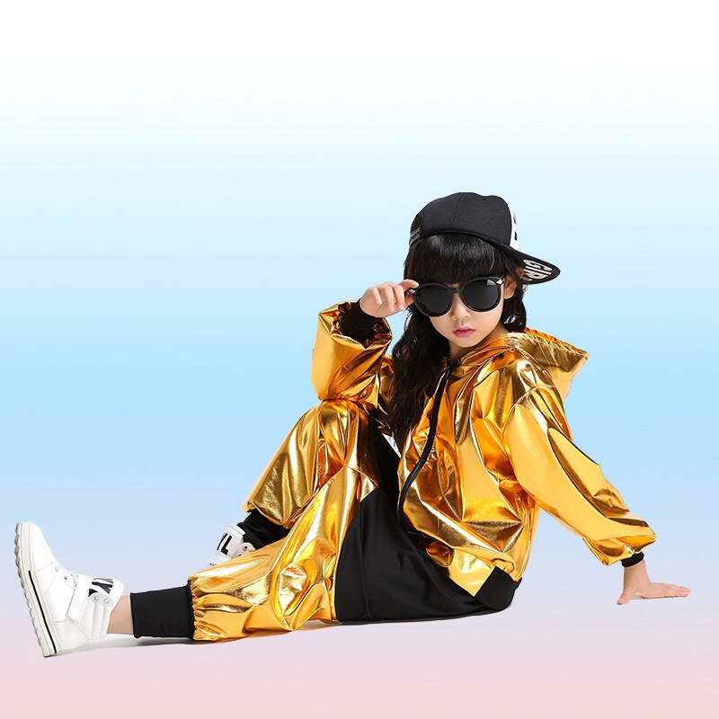 Kind Meisje Jongen Prestaties Goud Zilver Hip Hop Hiphop Jazz Moderne Ballroom Break Dance Pak Kostuum Hooded Tops Broek