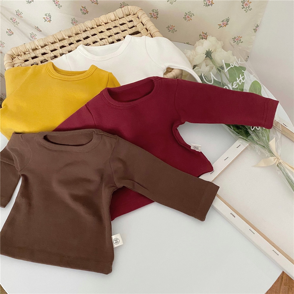 Kinderen T-shirt Baby Jongens Meisjes Lange Mouw T-shirt Effen Katoen Tops Herfst Winter O-hals Shirts Baby Flexibele T-shirts