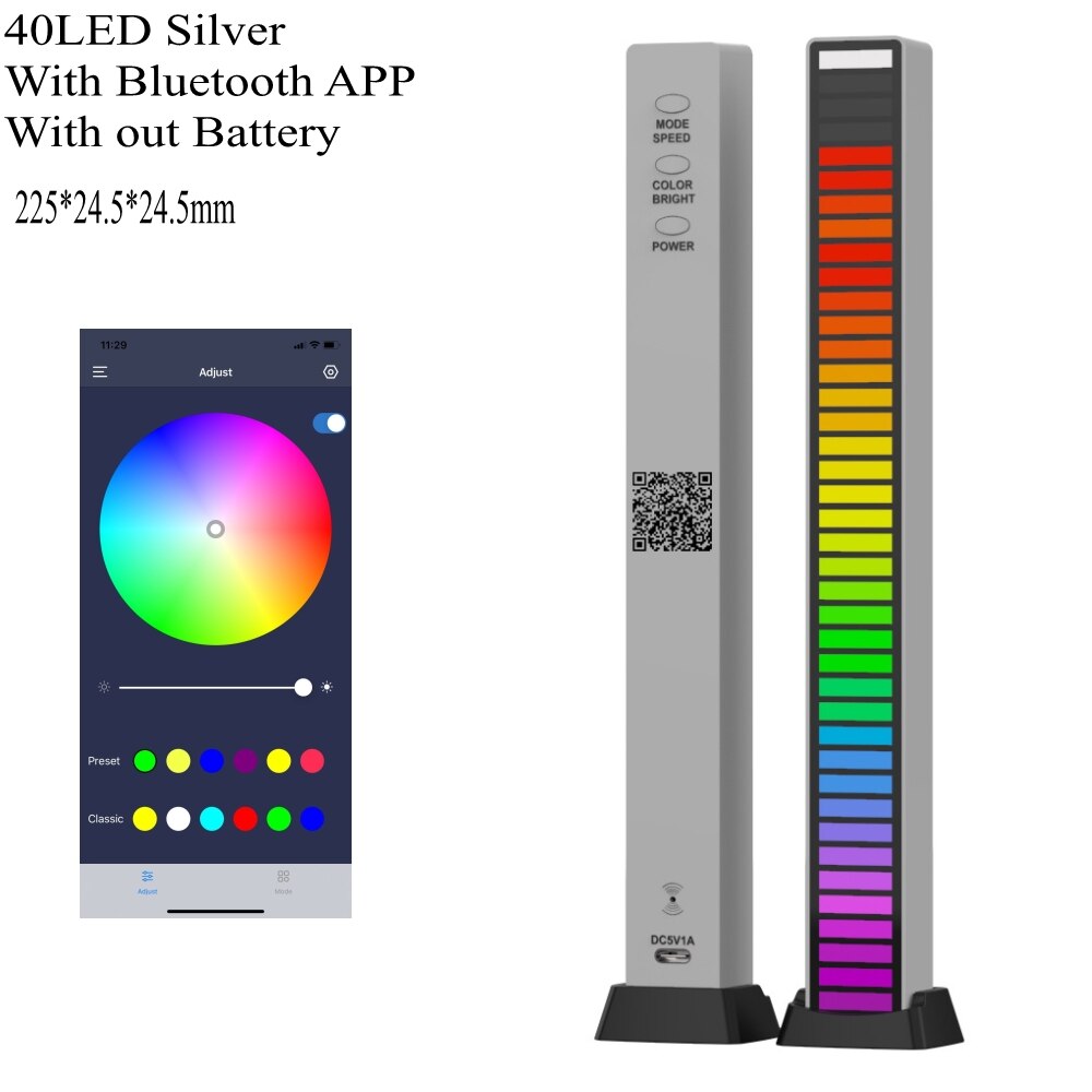 3D 40LED Voice APP Control Stereo Music Spectrum LED Light Audio Level Indicator Amplifier VU Meter Car Player Atmosphere Lamps: 40 Silver No Battery