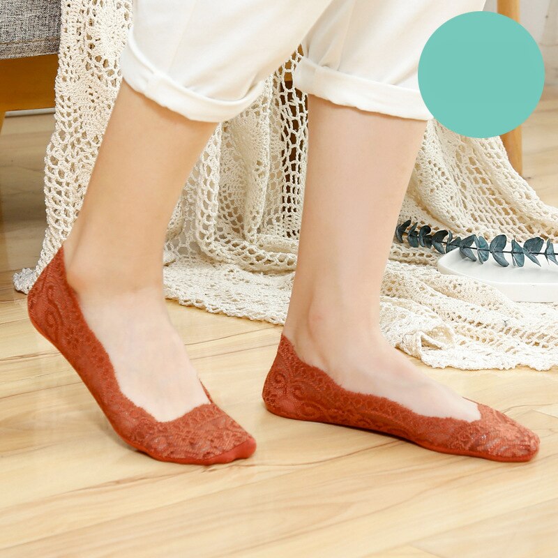 Women Solid Color Socks Lace Invisible Perspective Socks Summer Thin Breathable Socks For Female Silicone Non-slip Lining Socks: Red
