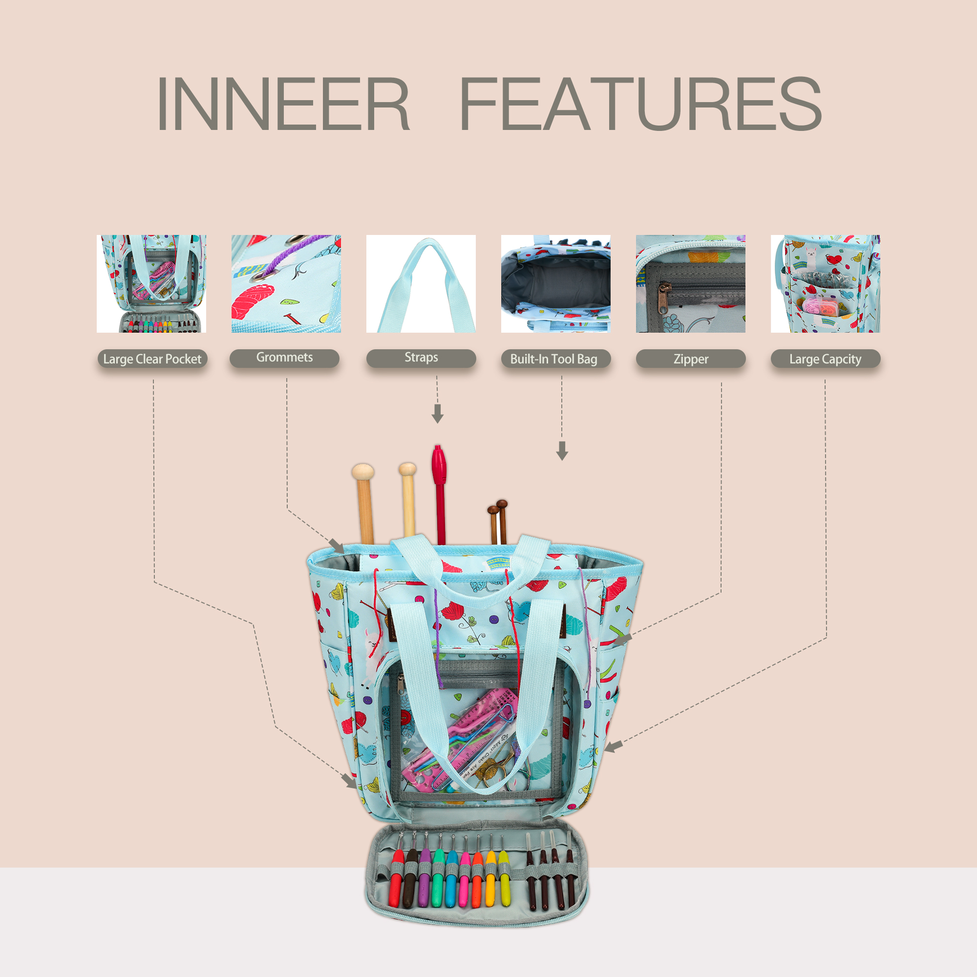 KOKNIT-Bolsa de mano para tejer, bolsa de almacenamiento de hilo para agujas de tejer, ganchos de ganchillo y accesorios de costura, Kit de costura DIY, bolsa para mamá