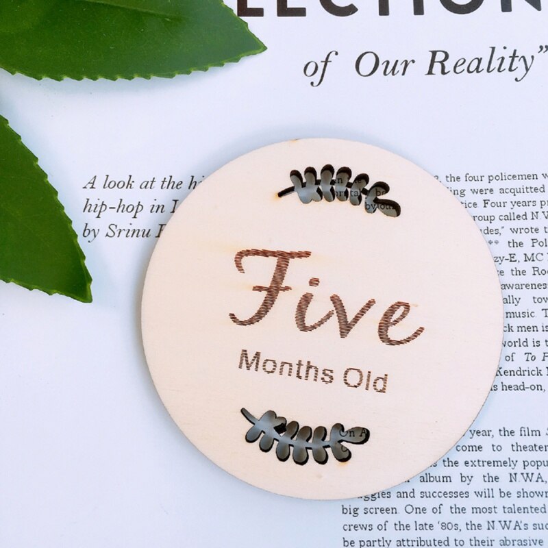 Household Baby Monthly Milestone Wooden Cards Baby Photography Props Home Milestone Card(Leaf Pattern,English Twelve): B5