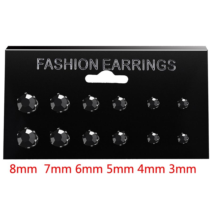 Boucles d&#39;oreilles de mariage en cristal, 12 pièces, blanc brillant, ensemble pour femmes et hommes, accessoires de bijoux, Oorbellen,: 6 Pairs Set Black