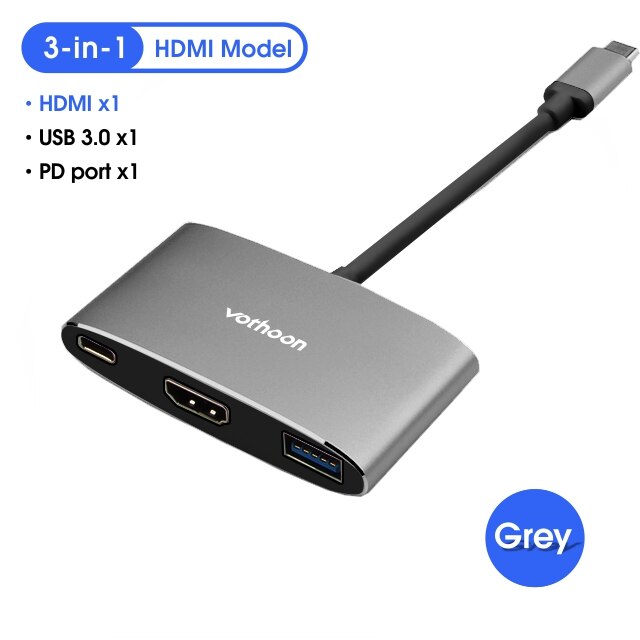 Vothoon USB Type C HUB to USB 3.0 HDMI USB HUB for MacBook Pro Air Huawei P30 Samsungs S10 S9 3 Port VGA Type C HUB: 3-in-1 Grey