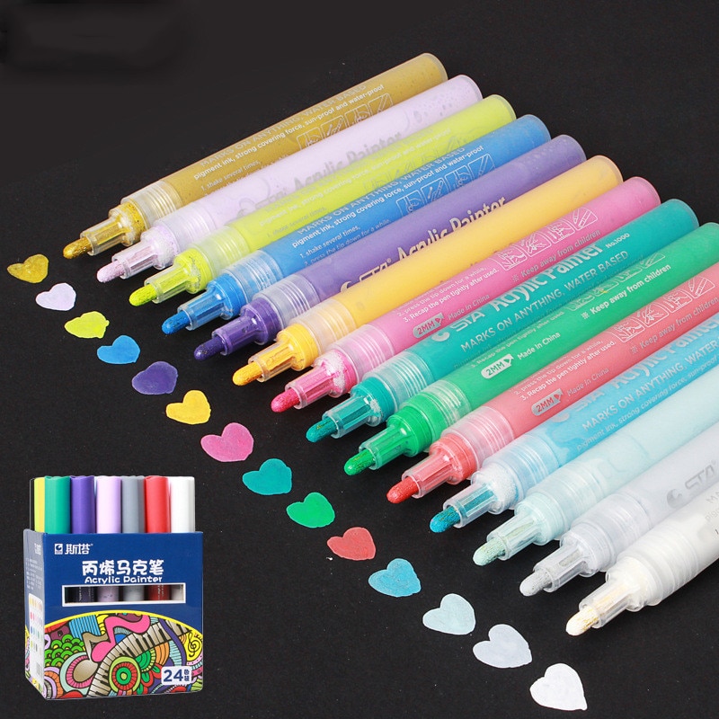 12/24 farver akrylmaling kunst tusch 2-3mm spids tuscher til stof graffiti glas keramik kunst maleri tegne tusch pen