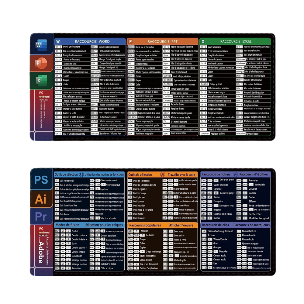 French Excel Shortcuts Mouse Pad Large Extended Office Computer Desk Mat Big Keyboard Mousepad With Stitched Edge Non-Slip Base
