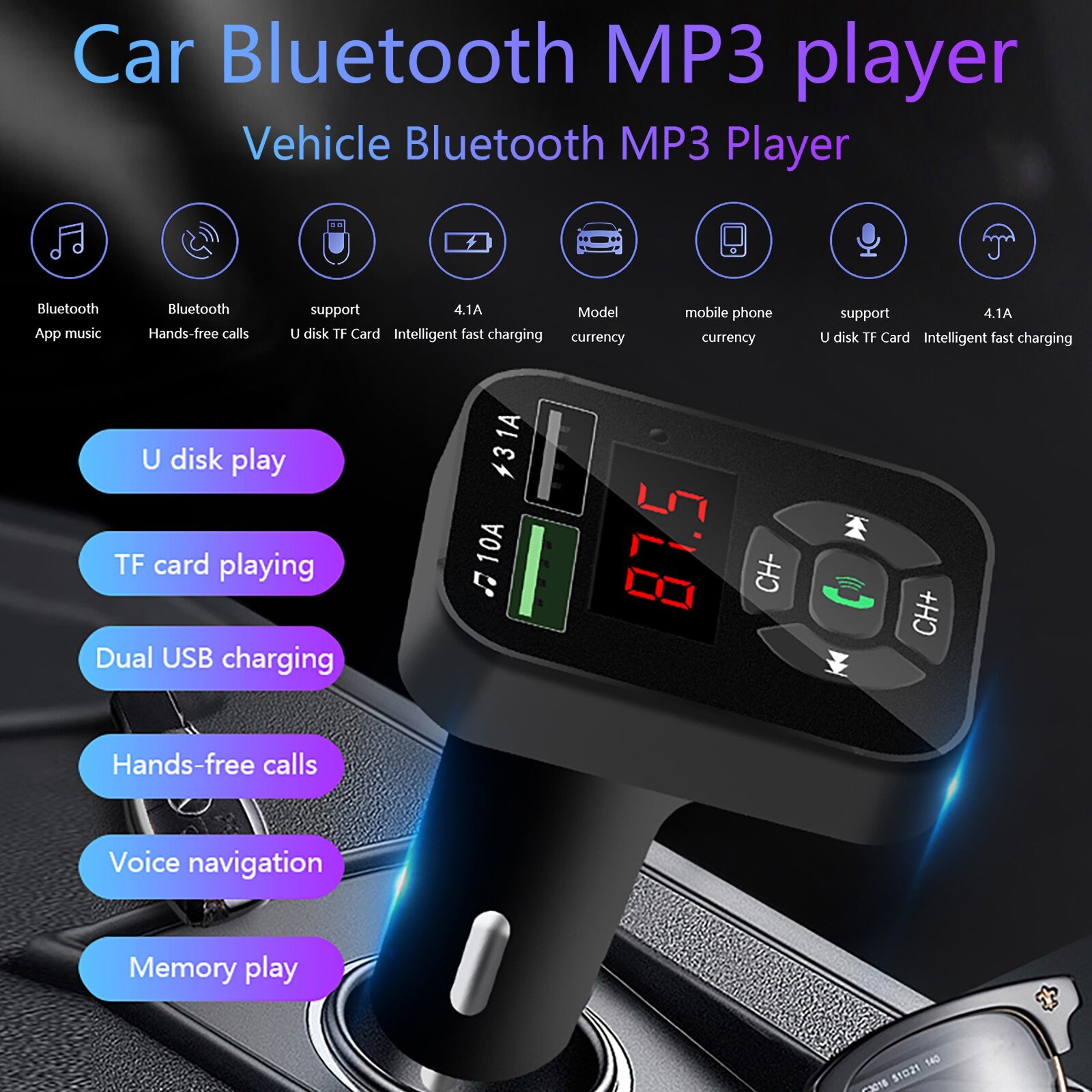 In Car Bluetooth FM Transmitter Radio MP3 Wireless Adapter Car Cigarette Lighter Adapter Chargers Wireless In-Car Bluetooth Kit