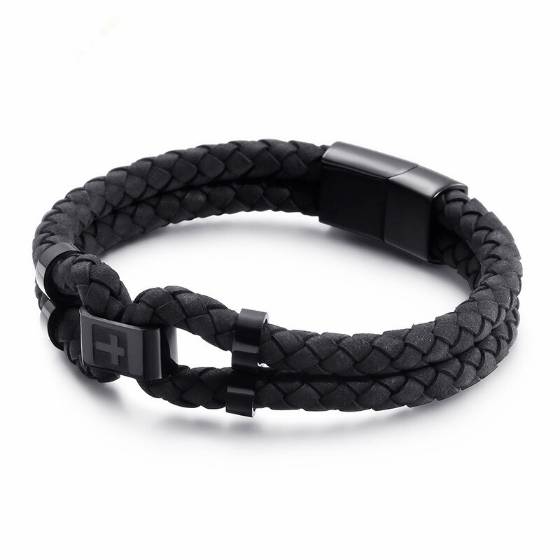 Pulseras de dijes cruzados de acero inoxidable de 210mm para hombre, joyas de cuero negras/rojas de doble capa