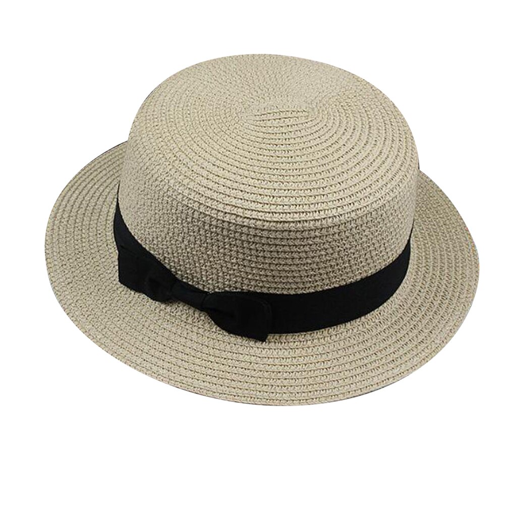 Sombrero plano redondo de paja para mujer, gorra de sol con lazo, cinta de verano, Color sólido