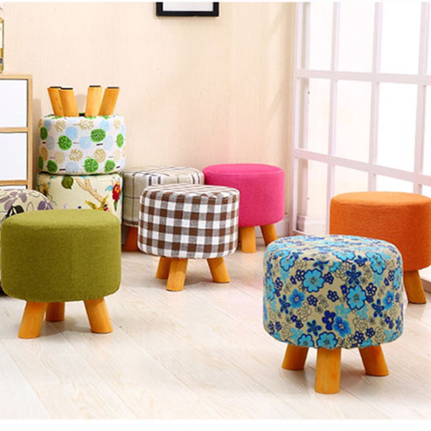 Petit tabouret rond en tissu pour changer les chaussures, banc rond à quatre pieds en bois massif