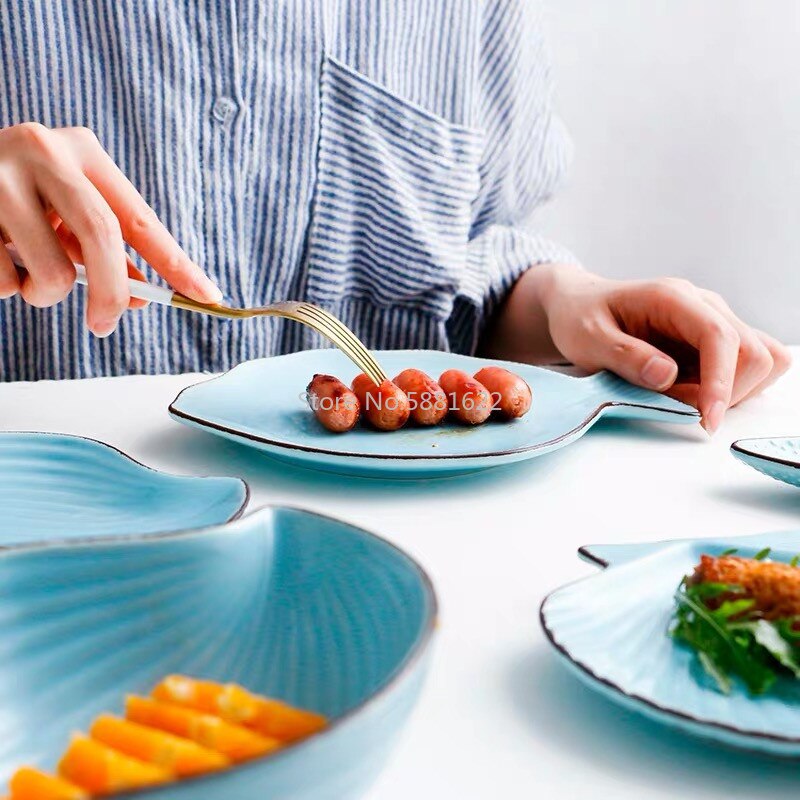 Japanse Oceaan Keramische Ontbijt Plat Servies Walvis Vis Schotel Shell Zeester Vorm Rijstkom Blauw Wit Porselein Servies