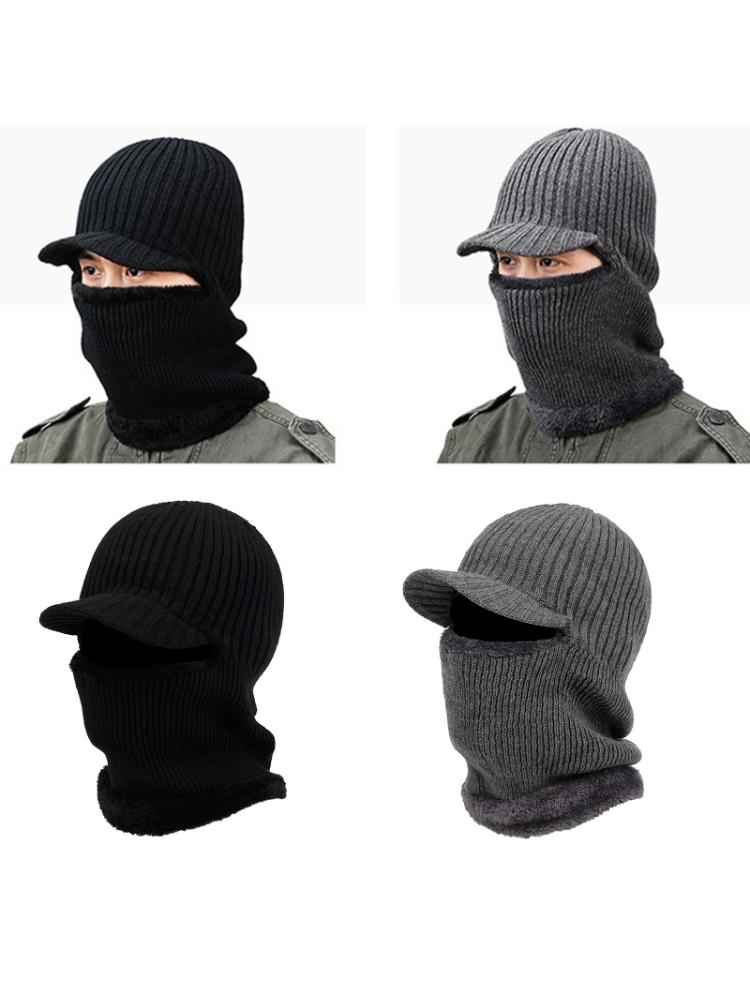 Men Winter Knitted Balaclava Beanie Hat with Windproof Visor Thermal Plush Lining Neck Warmer Cycling Ski Mask Hood Cap