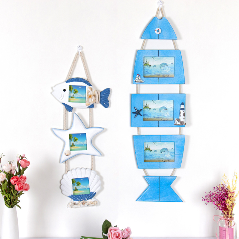 Wall-mounted Mediterranean Wooden Photo Frame Hanging Wall Decoration Combination Pictures Frames Starfish Shell Crafts