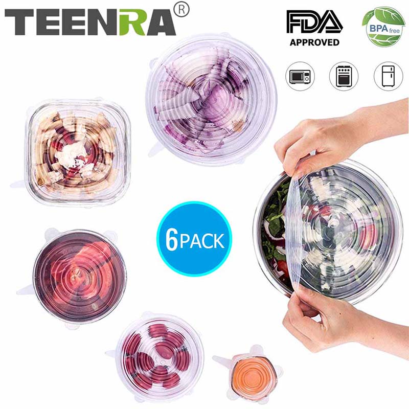 TEENRA 6Pcs Silicone Stretch Lids Universal Lid Reusable Silicone Food Wrap Bowl Pot Lids Food Fresh Wrap Smile Kitchen Tools