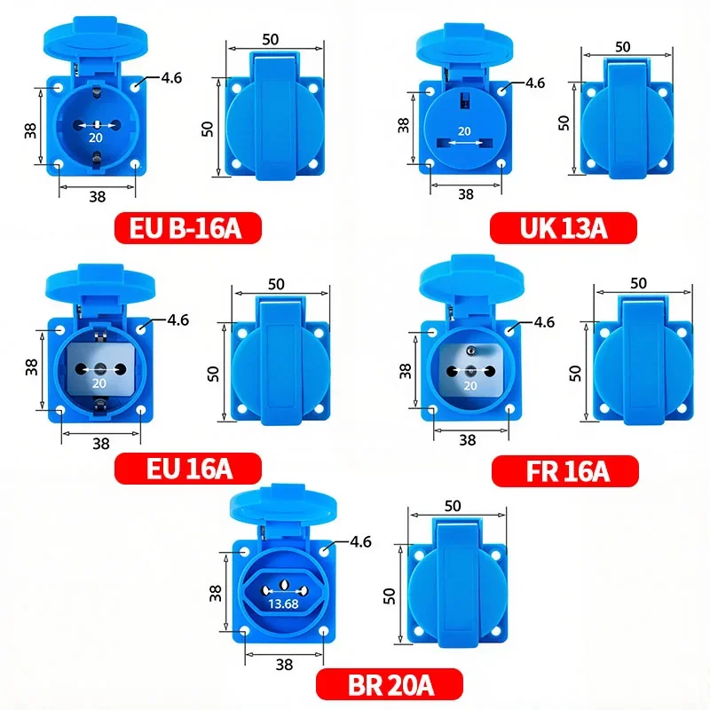 16a/250v industriella  ip54 vattentäta uttag multifunktionella kontakter väggpanelmonterade uttag för brasilien storbritannien tyska eu franska