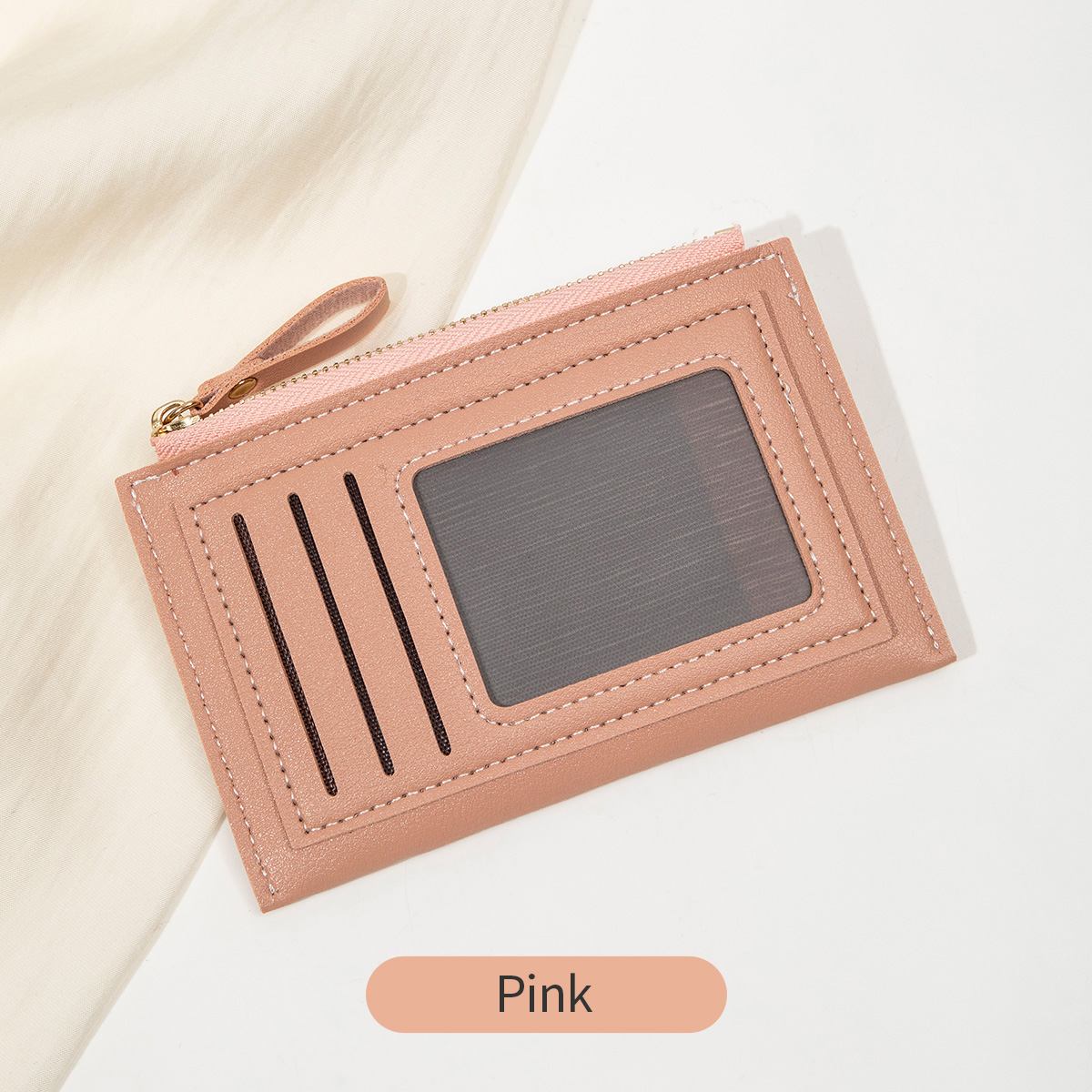 Minimalist ultra-thin coin wallet fashionable and portable PU leather wallet multifunctional credit card clip zipper card holder: Pink