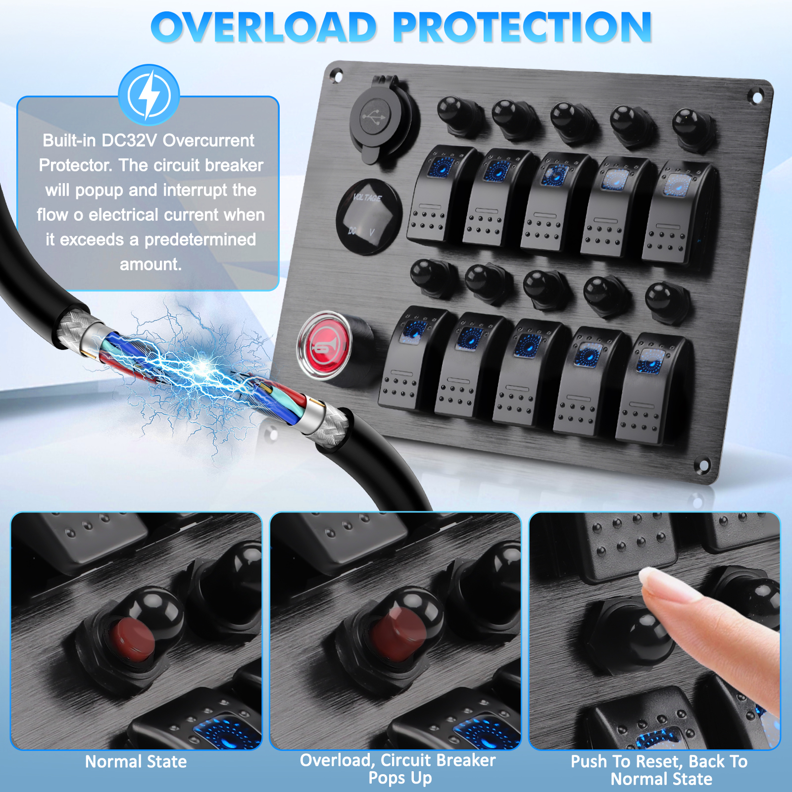 10- gangs bryterpanel vippebryterpanel med 3.1a doble usb-lader + voltmeter for bil, båt, campingvogn