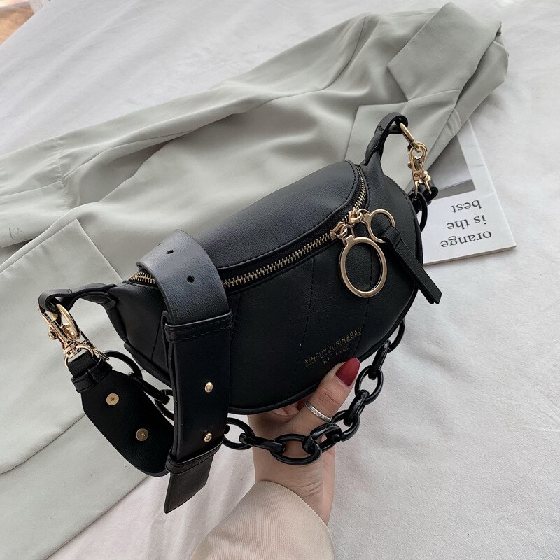 Shoulder Bag Women&#39;s Banana Pouch Solid Color PU Leather Chest Bag ladies Female Small Waist-Bag Black white Belt Bag: black