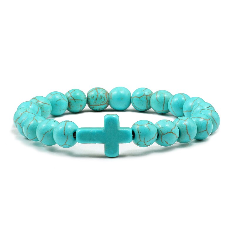 Trendy Jesus Charm Natural Stone Cross Bracelet Blue Turquoises Matte Beaded Bracelets For Men Women Prayer Couple Jewelry: Light Blue