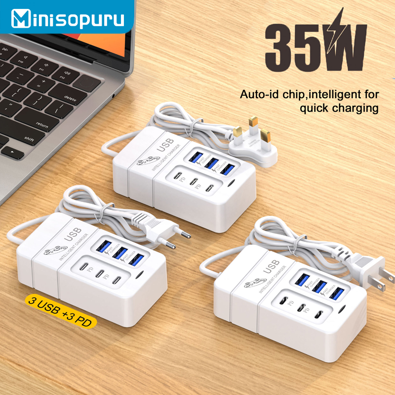 Ładowarka USB 35W typu C z wtyczką USB 6 portów 3A Szybkie ładowanie telefonu komórkowego Ładowarka sieciowa EU/US/UK Rozgałęźnik USB