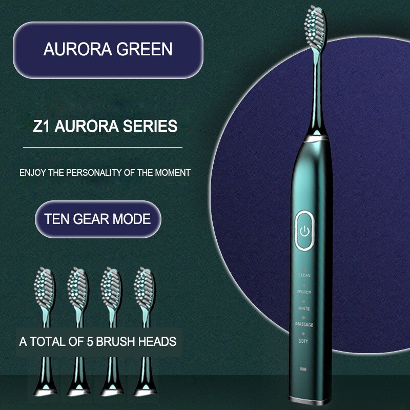 Automatic Electric Toothbrush 10 Brush Head Sonic wave Rechargeable Ultrasonic Teeth Brush Adult Replacement Heads Set 15 Modes: Green 10 Gears