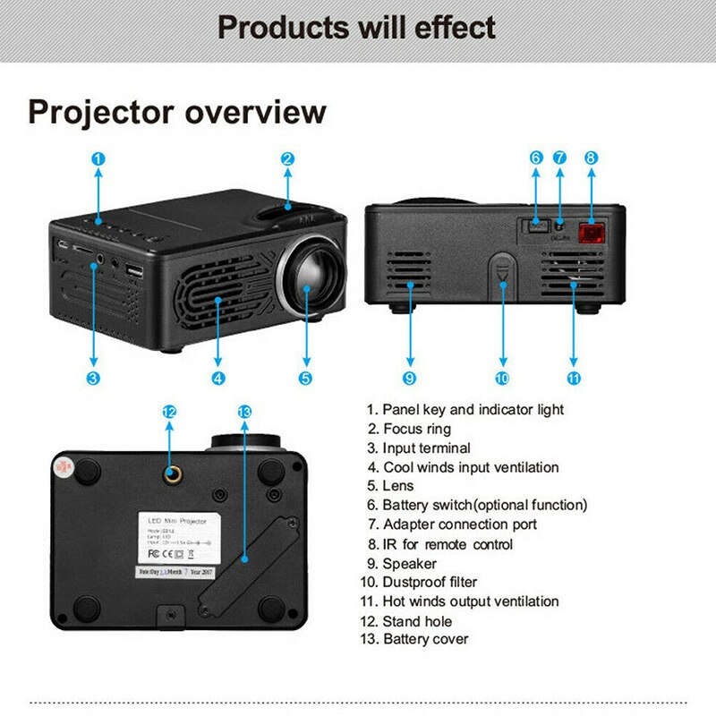 Hd puro portátil bolso projetor suporte 1080 p embutido alto-falante estéreo para escritório em casa nc99