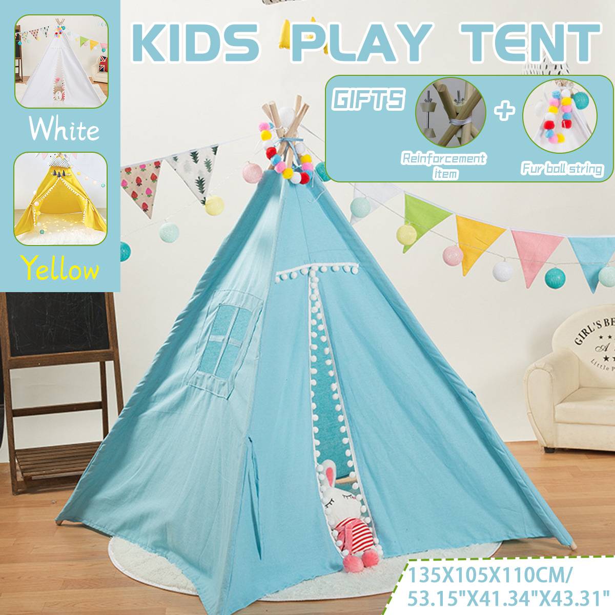 135cm Tipi Tent for Kids Play-Tent Teepee House Wigwam Room Children's Tent Game-House Triangle Teepee Fur ball Sleeping Dome