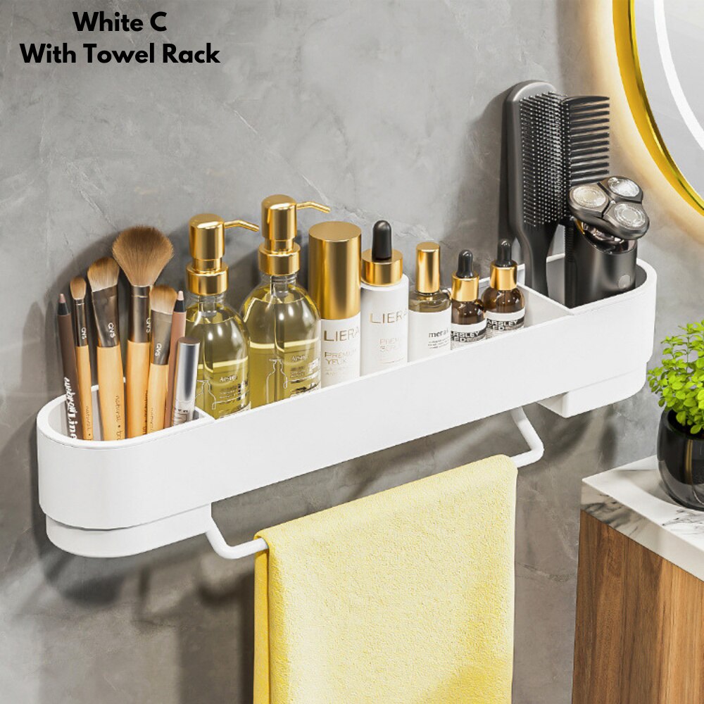 Étagère d'angle de salle de bain, sans perçage, pour cosmétiques, shampoing, douche, support de rangement, organisateur de toilette, accessoires de salle de bain: White C with Rod