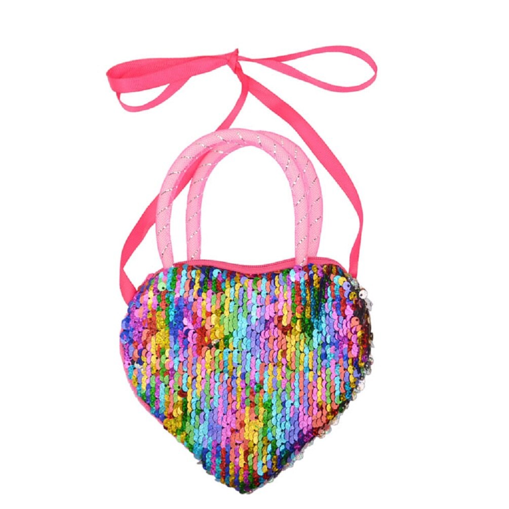 Sweet Girls Kid Sequin Heart Shaped Ribbon Long Strap Purse Coin Handbag Pocket Bag
