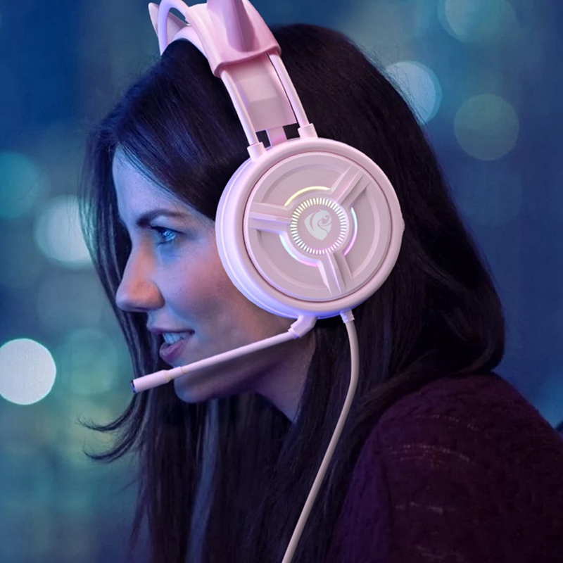 Roze Kat Oor Bedrade Headset Met Opvouwbare Microfoon Headset Gaming Headset Desktop Laptop Gaming Headset