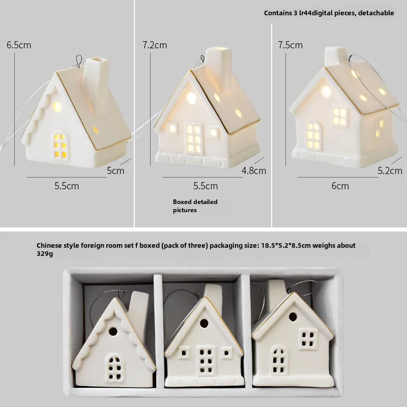 Keramisk julepyntsett med 3 glødende snøhuspynt små scenedekorasjoner til hjemmekontor: Gul