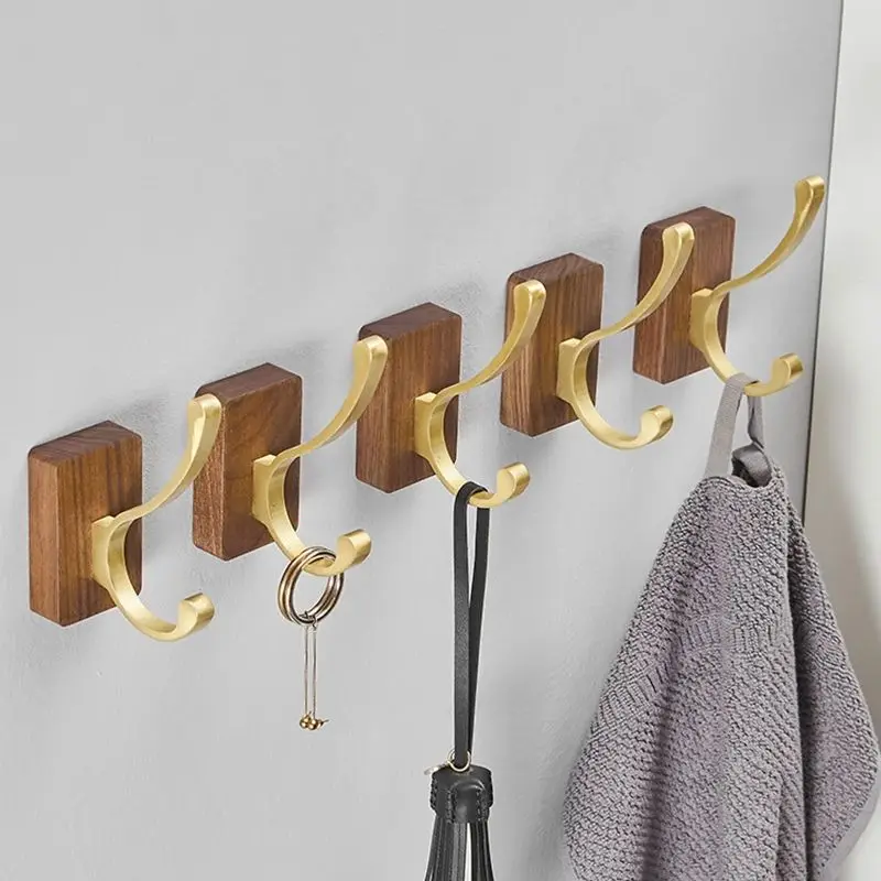 Badkamer Zwart Walnoot Kapstok Achter Deur Handdoekhaak Geborsteld Goud Wandmontage Douche Rij Haak Houten badkameraccessoires
