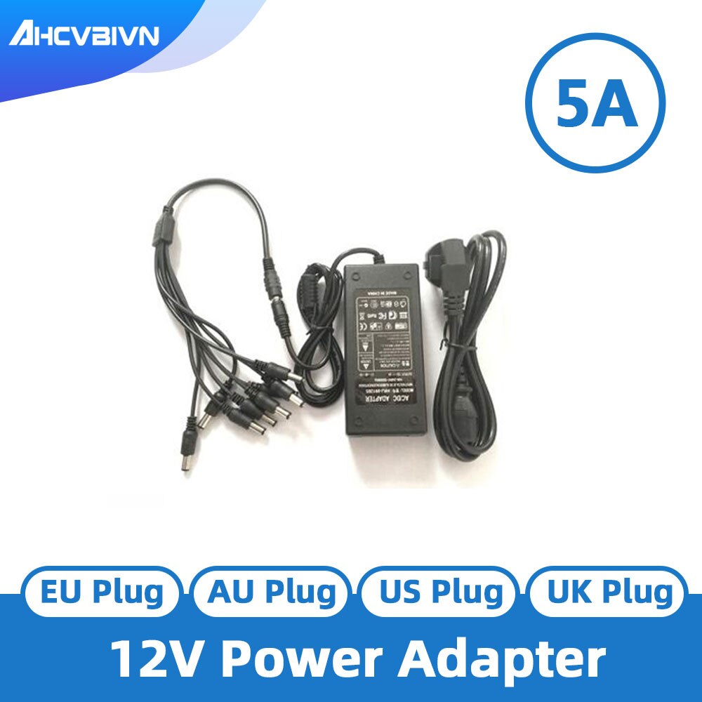 AHCBIVN 12V 5A 8CH Power Supply CCTV Camera Power Box 8 Port DC+Pigtail COAT DC 12V Power Adapter