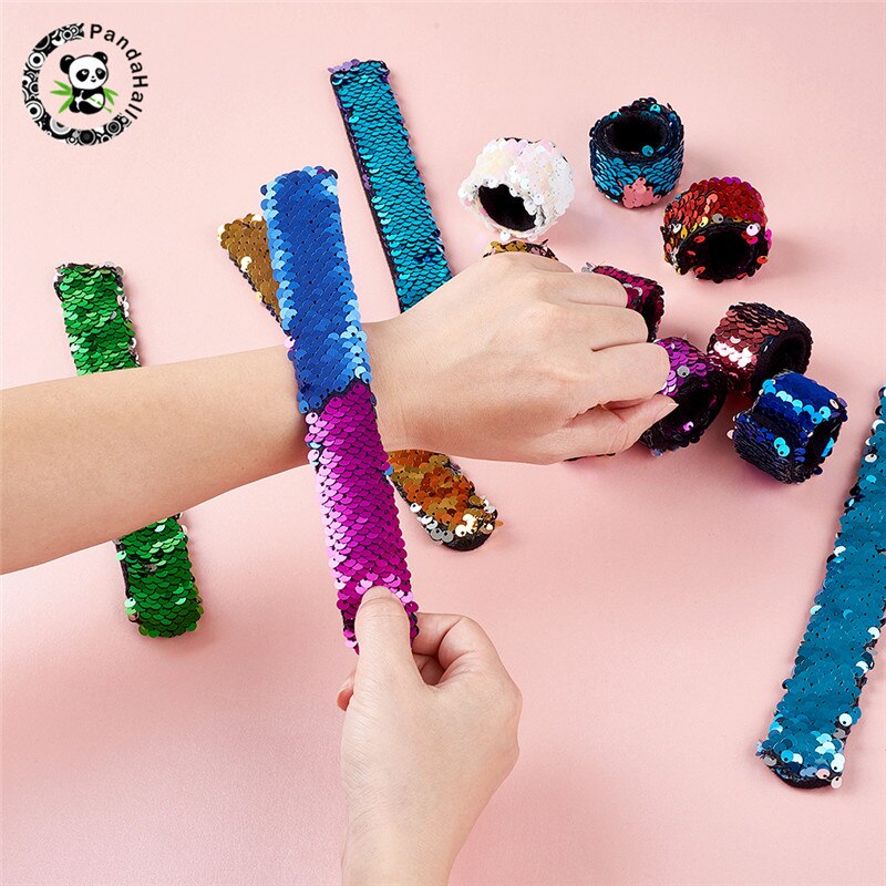 Pandahall 14 stuks/set zeemeermin slap armbanden tweekleurige omkeerbare bedel pailletten flip polsbandjes voor sieraden bevindingen 25 x 3mm