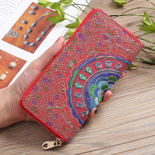 National Embroidery Long Wallets Vintage Women Wallet Purse Female Wallet Pouch Handbag for Woman Lady Coin Card Holders: Red Wallets